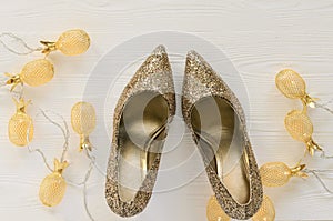 Womens gold chunky glitter pumps. Shoes for wedding, christmas,