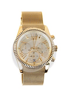 Womens gold watch on white background