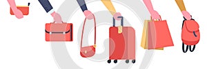 Womens hands holding various bags. Carrying clutch or shopping handbags. Travel baggage. Man with business briefcase