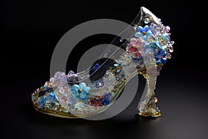 Womens high heeled slipper. Cinderellas slipper made crystal glass and diamonds. Generative AI