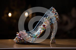 Womens high heeled slipper. Cinderellas slipper made crystal glass and diamonds. Generative AI