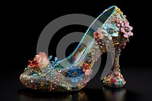 Womens high heeled slipper. Cinderellas slipper made crystal glass and diamonds. Generative AI
