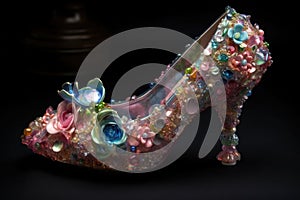 Womens high heeled slipper. Cinderellas slipper made crystal glass and diamonds. Generative AI