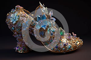 Womens high heeled slipper. Cinderellas slipper made crystal glass and diamonds. Generative AI