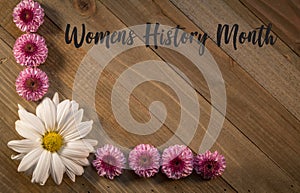 Womens History Month on wooden board with pink flower border flat lay