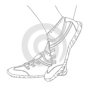 Womens legs, feet in hiking shoes for walking in city parks, health paths, side view. Sport footwear closeup. Concept of sports