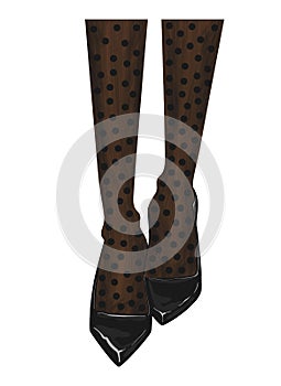 Womens legs in shoes. Polka dot nylon tights. Patent leather pumps. Fashion illustration. Modern design.Cover of a fashion magazin
