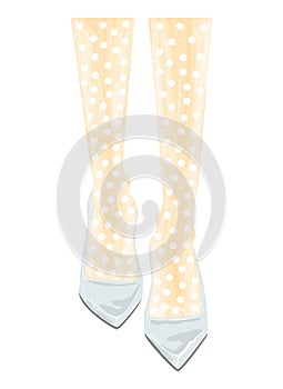 Womens legs in shoes. Polka dot nylon tights. Patent leather pumps. Fashion illustration. Modern design.Cover of a fashion magazin