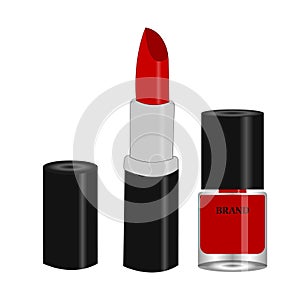 Womens lipstick product and red nail polish in glass bottle with black cup