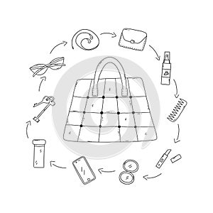 Womens roomy tote bag and things. Vector doodle