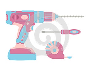 Womens set of construction tools. Drilling machine, drill, screwdriver, tape measure. Power tools, hammer drill. Pink