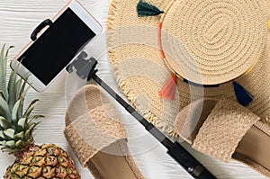 Womens summer accessories straw hat, cellphone, selfie stick,