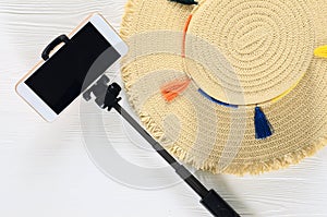 Womens summer accessories straw hat, cellphone, selfie stick o