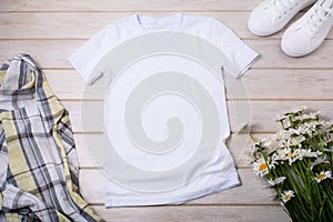 Womens T-shirt mockup with wild daisy