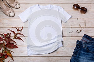 Womens white T-shirt mockup with beige heels