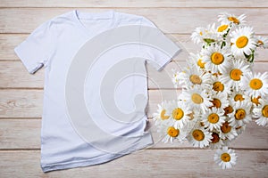 Womens white T-shirt mockup with daisy