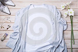 Womens white T-shirt mockup with gray cardigan and lily