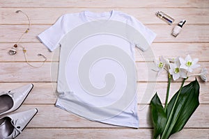 Womens white T-shirt mockup with  lily flowers, necklace