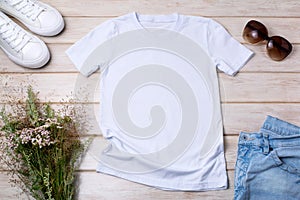 Womens white T-shirt mockup with wild grass and flowers