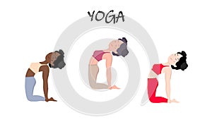 Womens Yoga set. Three girls, European, African and Asian show ustrasana. Yoga training. Vector illustration.