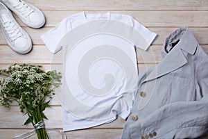 Womenâ€™s T-shirt mockup with wild grass and linen jacket