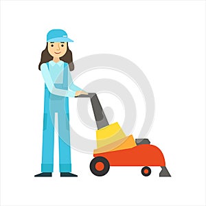 Womoan Using High-Tech Hoover, Cleaning Service Professional Cleaner In Uniform Cleaning In The Household