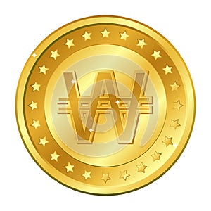 Won, South Korea currency gold coin with stars. Vector illustration isolated on white background. Editable elements and glare.