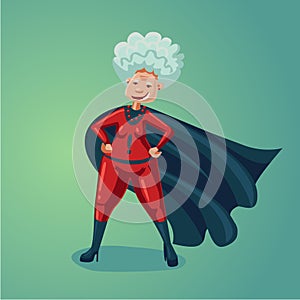 Wonder old lady. Senior adult woman in super hero suit. Healthy lifestyle humor cartoon illustration.