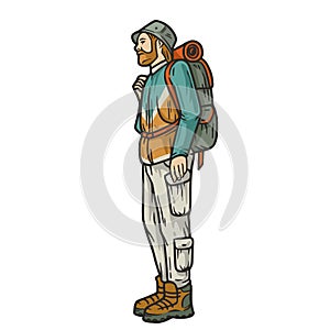 Wonderer or backpack traveler nature explorer man