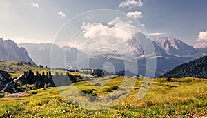 Wonderfu Alpine countryside in sunny day, Awesome alpine highlands in summer. Amazing Nature Scenery in Dolomites Alps. Beautiful