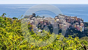 Wonderful aerial view of the famous Cinque Terre seaside village of Corniglia, Liguria, Italy, on a sunny summer day