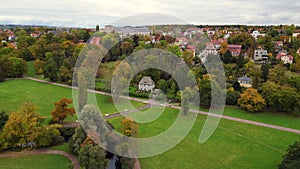 Wonderful aerial view flight drone. Weimar Goethe garden House autumn landscape