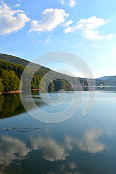 Wonderful aerial view of the lake and village Valiug, in Banat, Transylvania