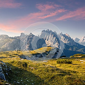 Wonderful Alpine highlands during sunrise. Morning view of Dololites mountains, Italian Dolomites Alps under sunlight