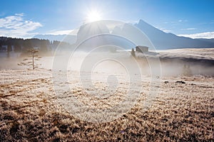 Wonderful Alpine landscape of autumn foggy morning. Seiser Alm, Alpe di Siusi with Langkofel mountain at sunrise, Alto Adige,