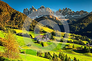 Wonderful autumn landscape with Santa Maddalena village, Dolomites, Italy, Europe photo