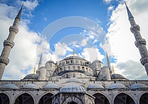 Wonderful Blue Mosque of Turkey from the front side. Wide-low angle