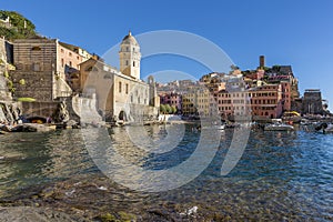 Wonderful bottom view of the famous Cinque Terre seaside village of Vernazza, Liguria, Italy, on a sunny summer day