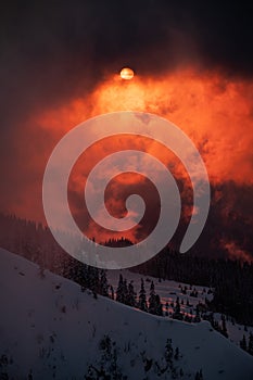 Wonderful bright sunset sky and winter mountain landscape with snow covered pine trees