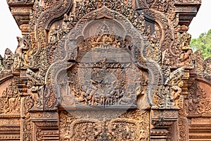 Wonderful carvings in the kudu-arch at the temple.Banteay Srei temple, Siem Reap, Cambodia, Asia