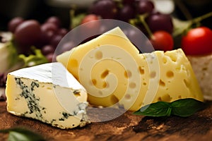 A wonderful cheese is on the table, with other elements in the background, creating a mouth-watering scene