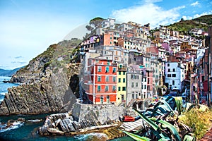 Wonderful cityscape with colored houses in Riomaggiore, Cinque Terre, Italy. Amazing places. A popular vacation spot