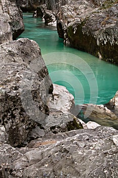 Wonderful colorful great canyon gorge of soca river, triglav national park, slovenia