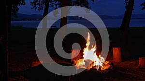 Wonderful evening atmospheric background of campfire. Beautiful flame of small magic bonfire