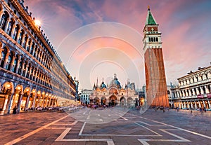 Wonderful evening view of San Marco square with Campanile and Saint Mark`s Basilica. Colorful cityscape of Venice, Italy, Europe.