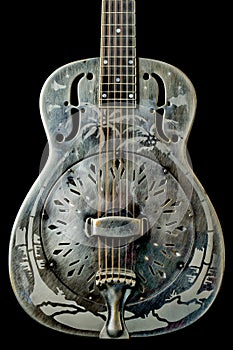 Vintage Resonator Acoustic Guitar Hawaiian Palm Tree Etching Steel Dobro National photo