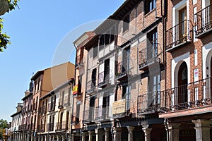 Wonderful Facades Of Houses Dating From The Middle Ages In The Main Street Of Alcala De Henares. Architecture Travel History.