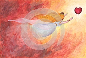 Wonderful fairy tale princess flying towards heart a symbol for love