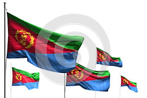 Wonderful holiday flag 3d illustration - five flags of Eritrea are waving isolated on white - photo with selective focus