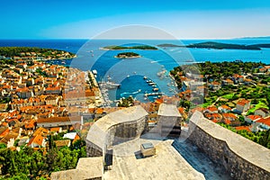 Wonderful Hvar resort cityscape with mediterranean harbor and boats, Croatia